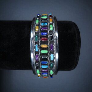 Sterling Silver Hinged Cuff with Multicolor Stones